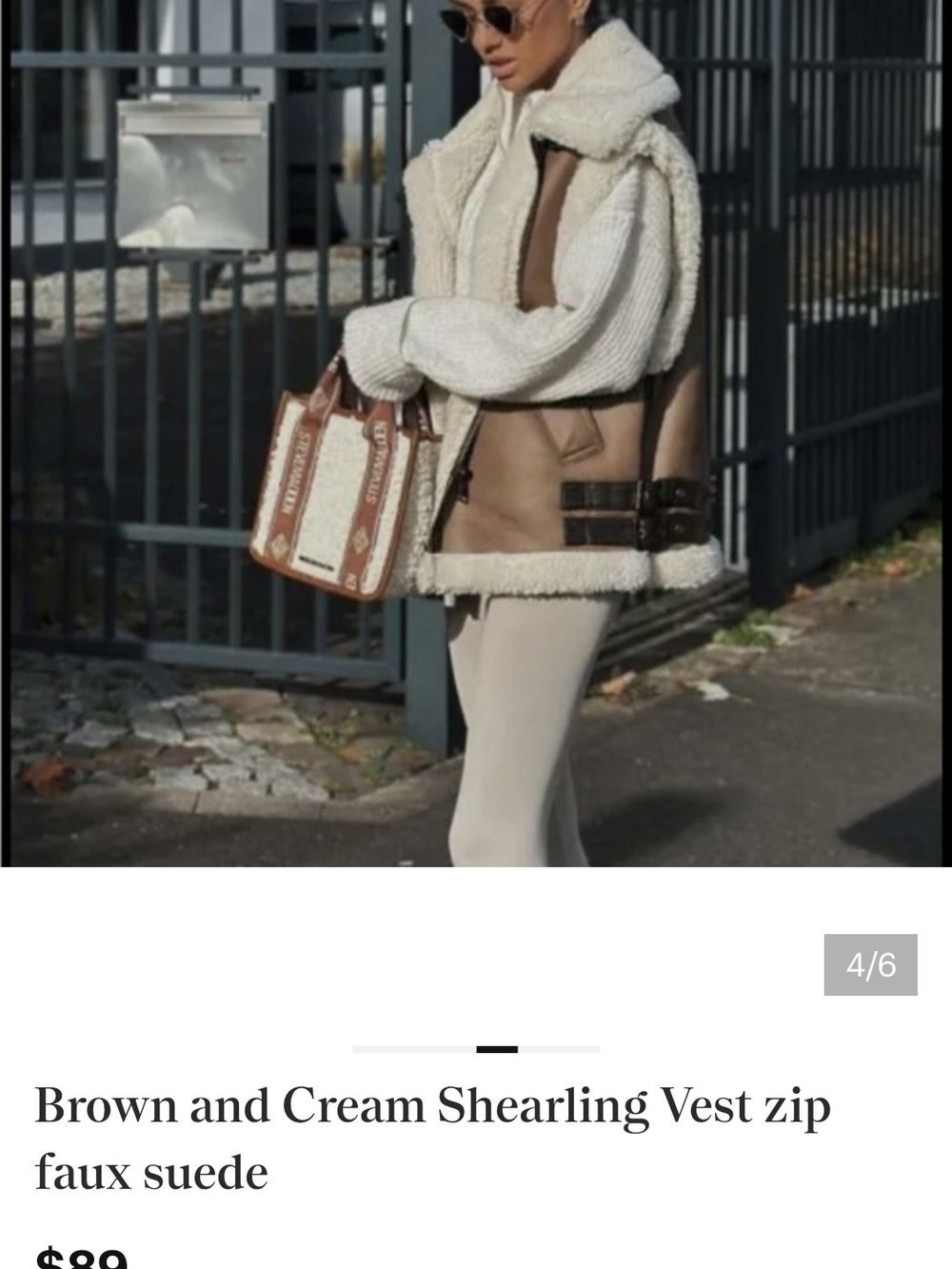 Cream and Brown Shearling Vest with Buckle Details
